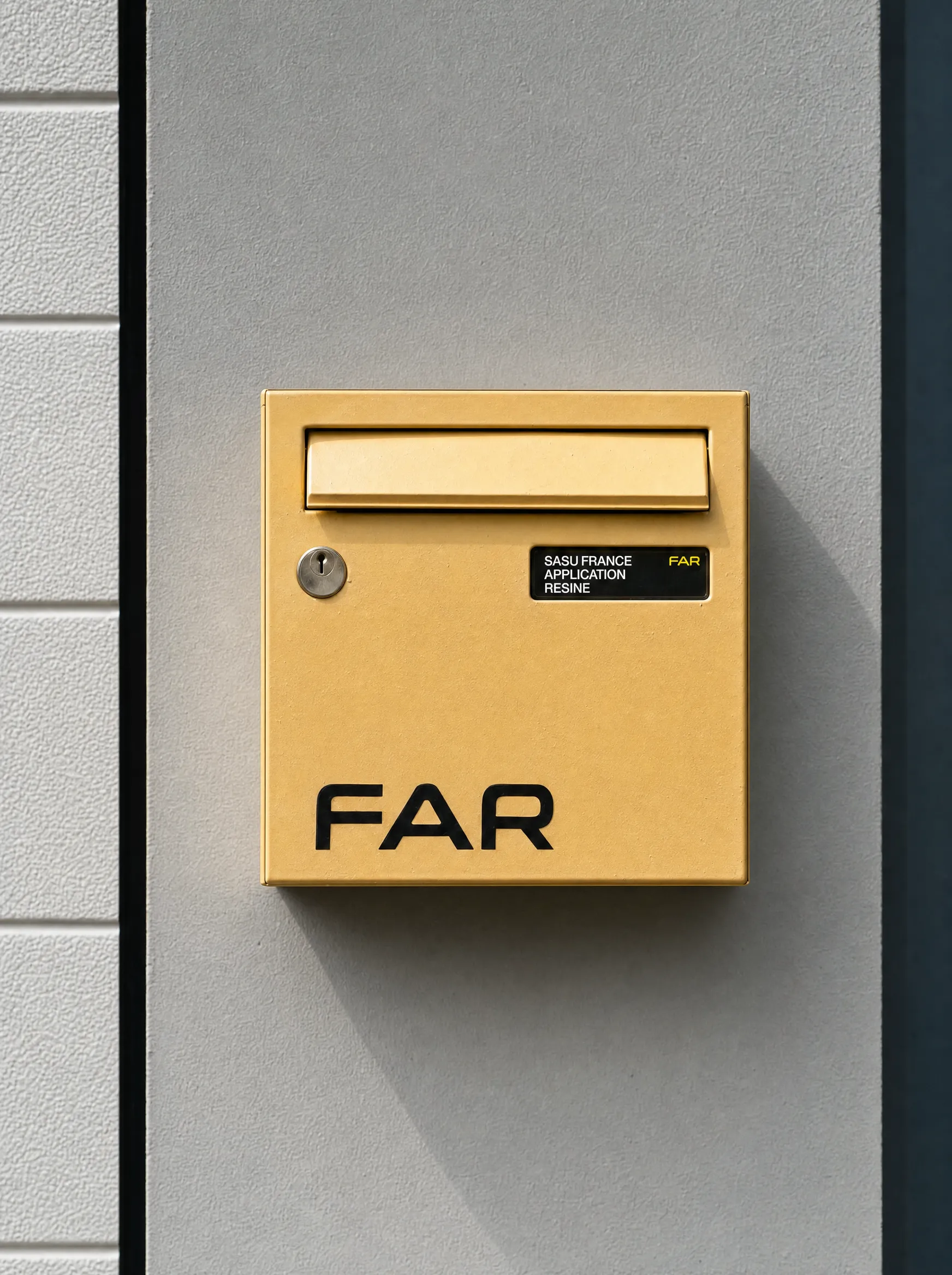 Boîte aux lettres FAR posée sur la façade grise de l'atelier