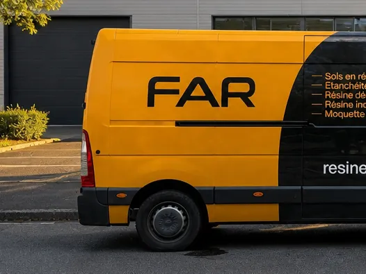 Détail de l'habillage du véhicule FAR — logo et prestations sur le flanc
