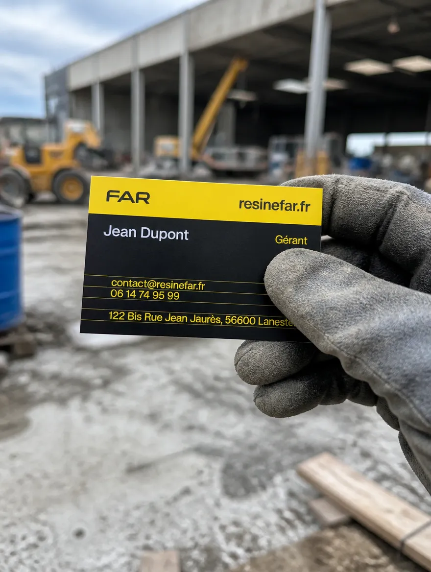 Carte de visite FAR tenue en main sur un chantier