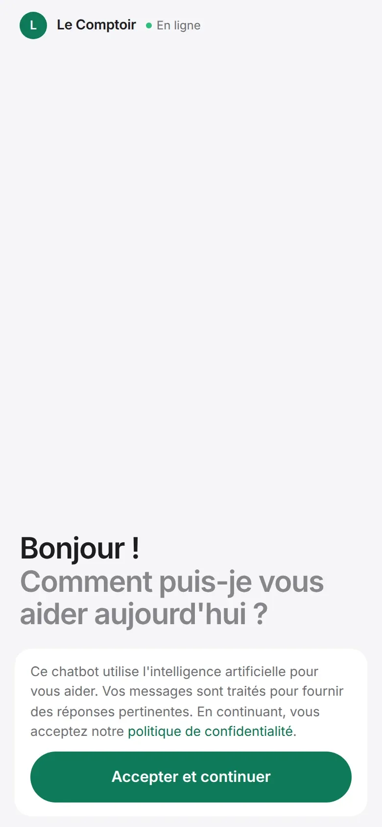 Le chat au téléphone, avant le premier message : un encadré explique que le chatbot utilise l’intelligence artificielle, avec un bouton « Accepter et continuer »