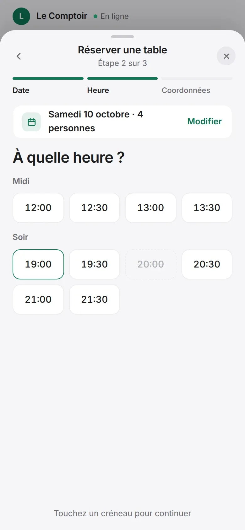 L’étape 2 sur 3 : samedi 10 octobre pour 4 personnes, les créneaux du midi et du soir, celui de 20 h barré parce qu’il est pris