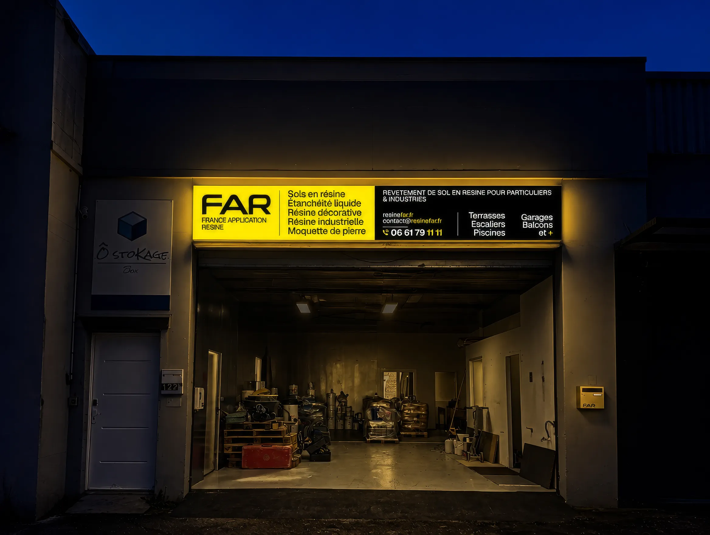 Enseigne lumineuse FAR allumée de nuit