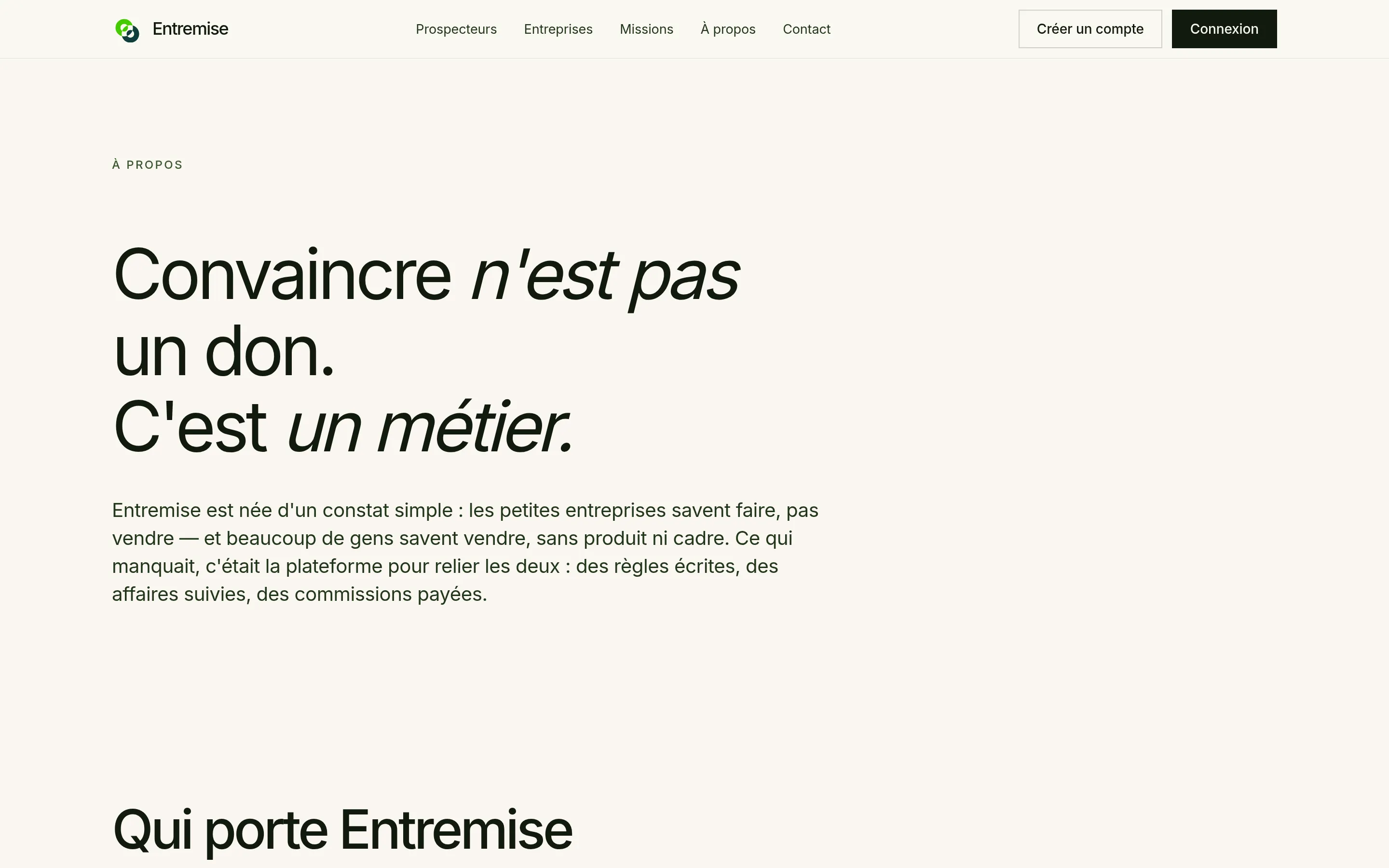 La page « À propos » d’entremise.pro