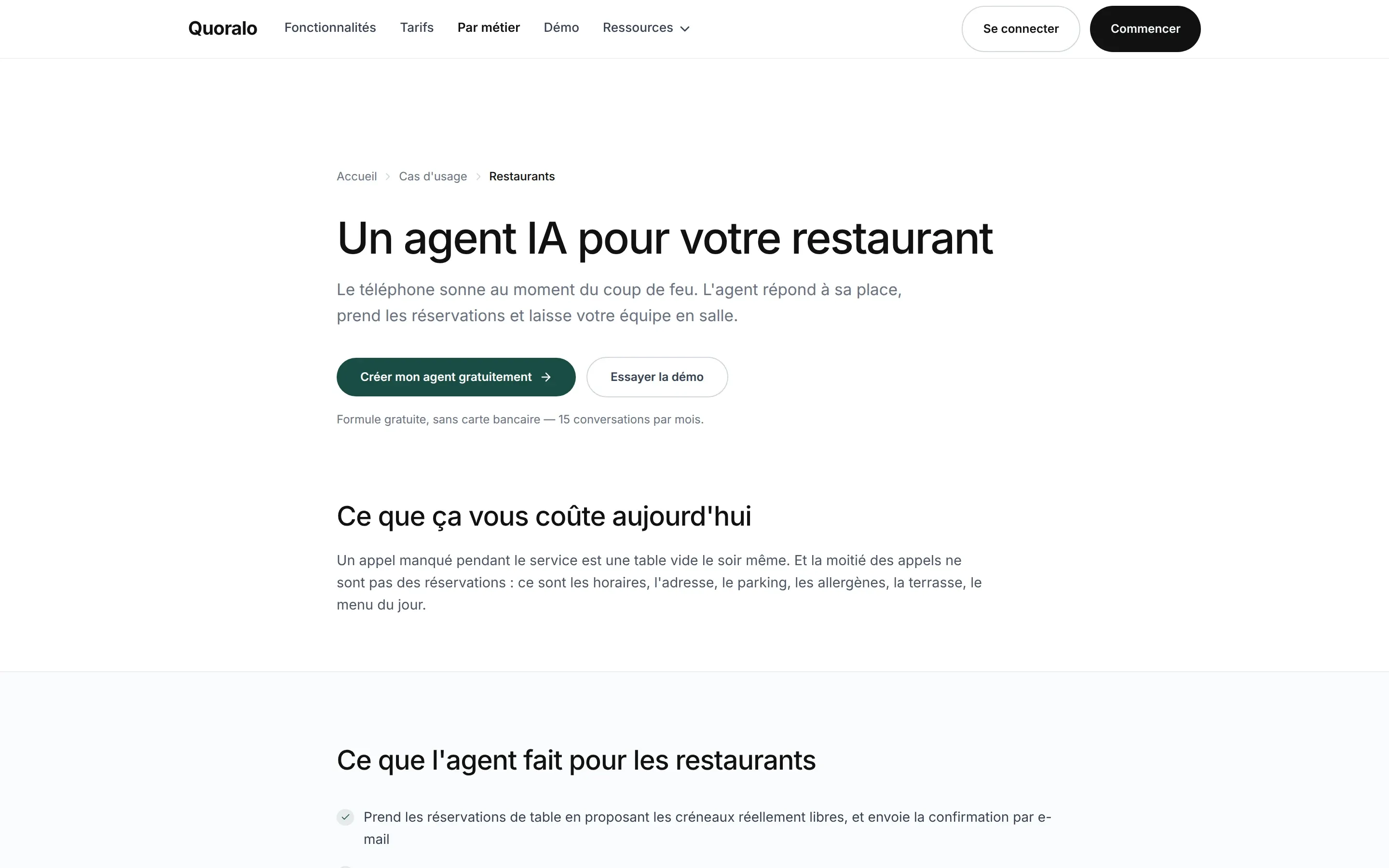 La page métier « Un agent IA pour votre restaurant » : ce que ça coûte aujourd’hui, et ce que l’agent fait pour les restaurants