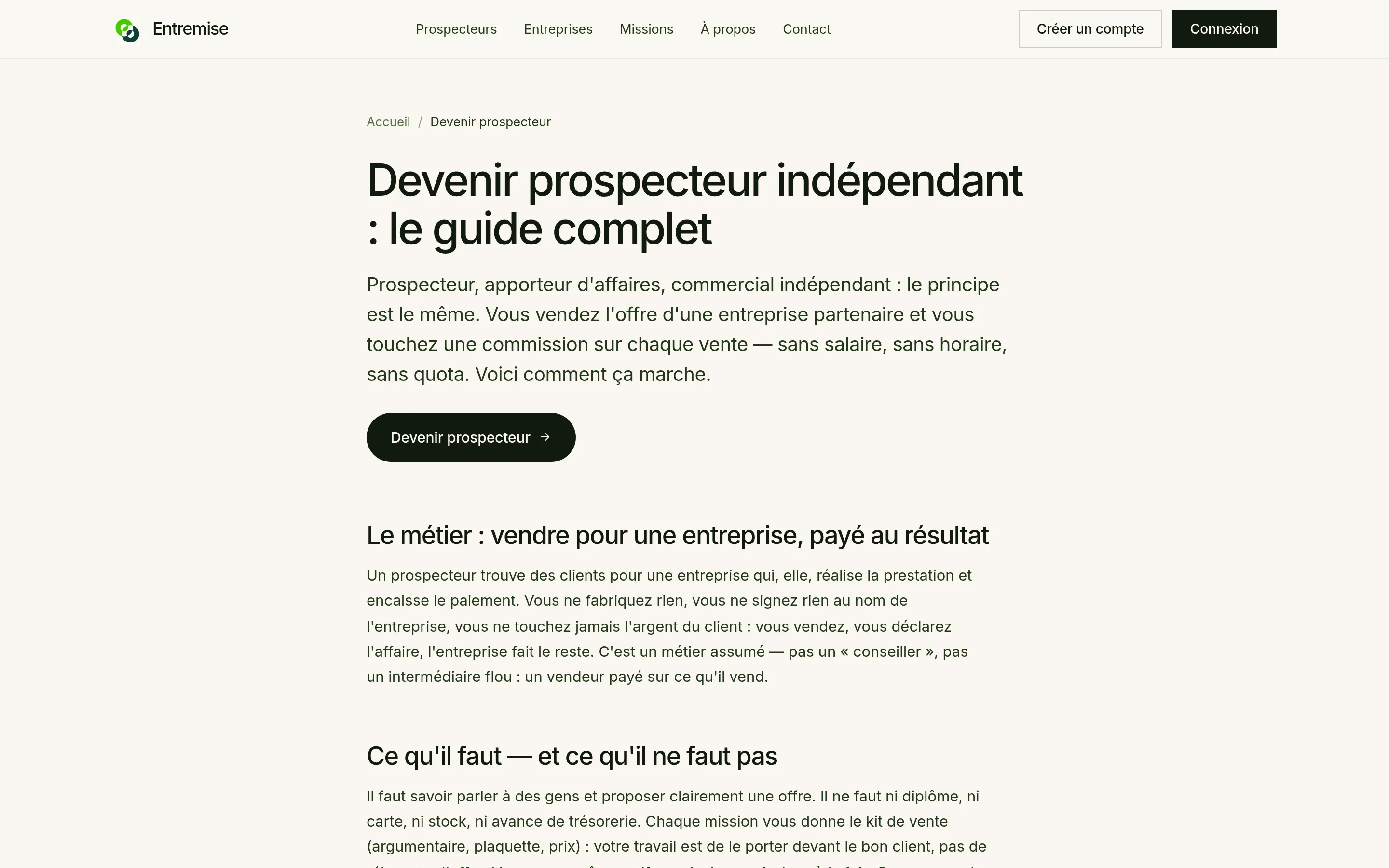 La page « Devenir prospecteur indépendant : le guide complet » sur entremise.pro