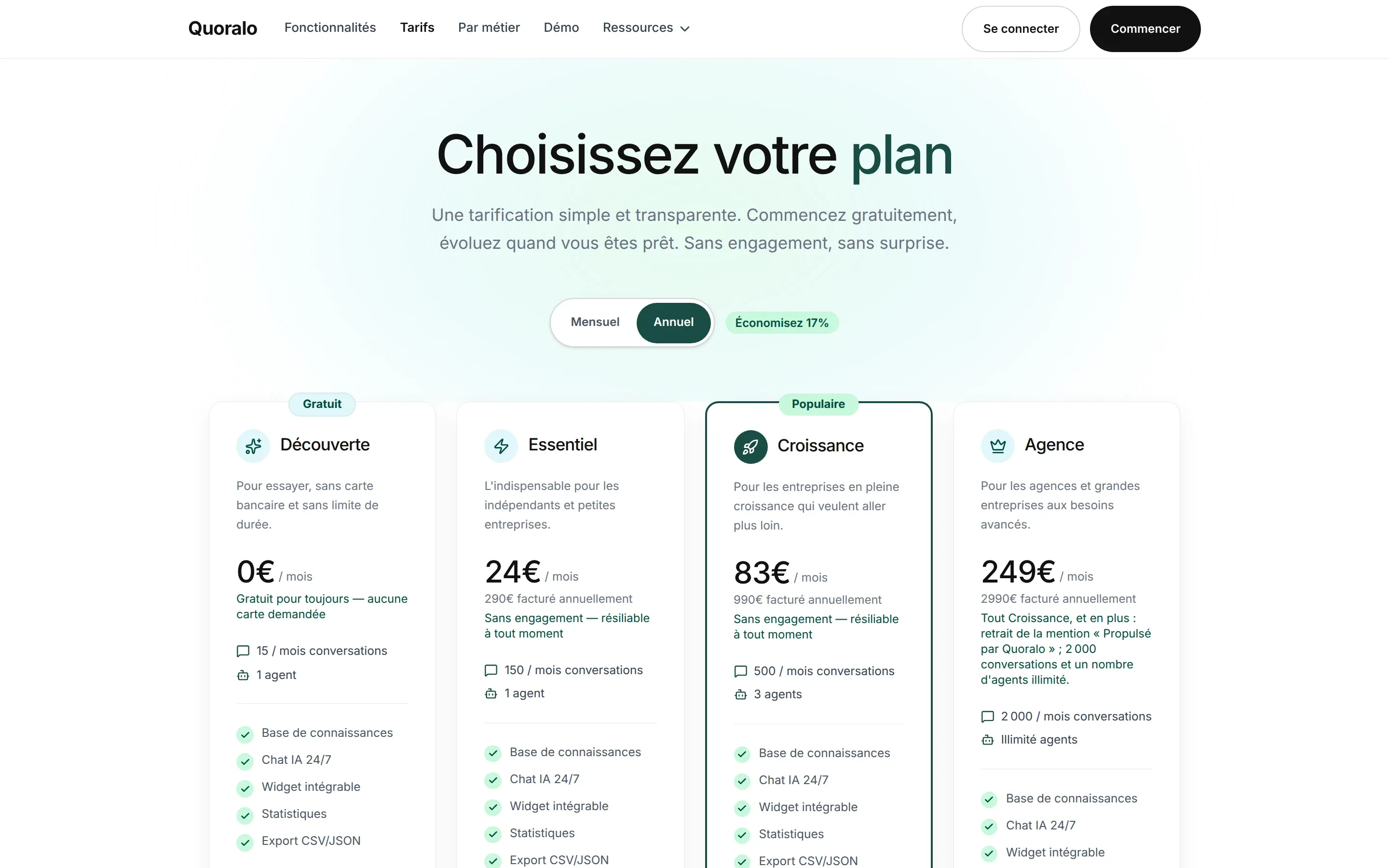 La page Tarifs de quoralo.com : « Choisissez votre plan », la bascule mensuel ou annuel, et les quatre formules Découverte, Essentiel, Croissance et Agence