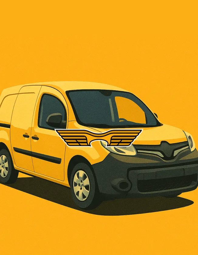 Utilitaire jaune floqué de l’emblème Global Cars